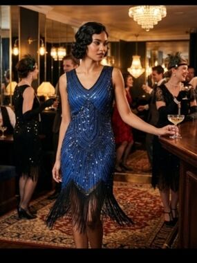 Sequin Fringe V-Neck Midi  Dress in Deep Blue